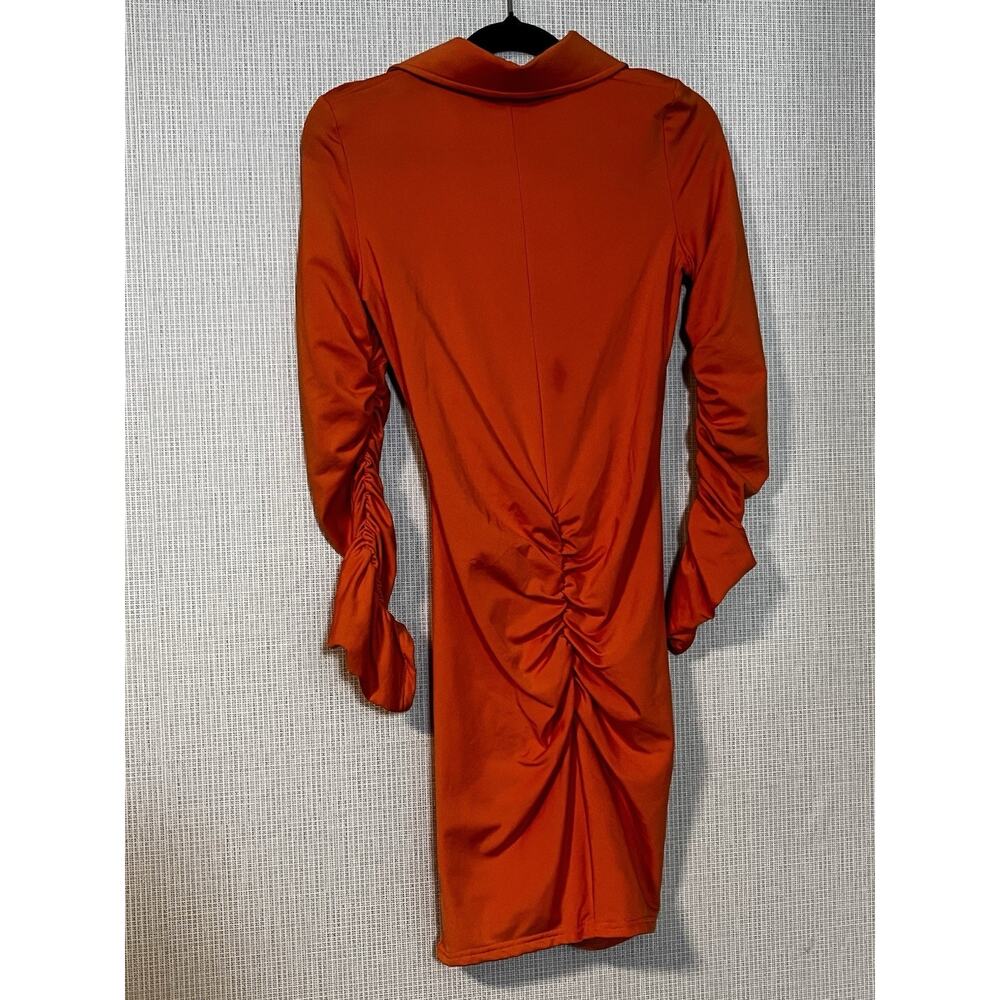 Pure Vanity Women’s Orange Ruched Button Front Shirt Dress Long Sleeve NWT - Picture 3 of 3